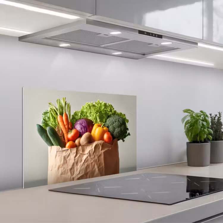 Papieren - Boodschappen - Groente - Kleurrijk keuken achterwand spatscherm klein -3d_schuin