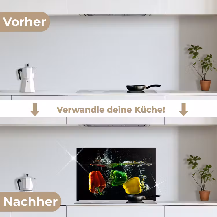 Paprika - Groente - Water - Zwart - Rood - Groen - Geel keuken achterwand spatscherm klein -voor_na_DE