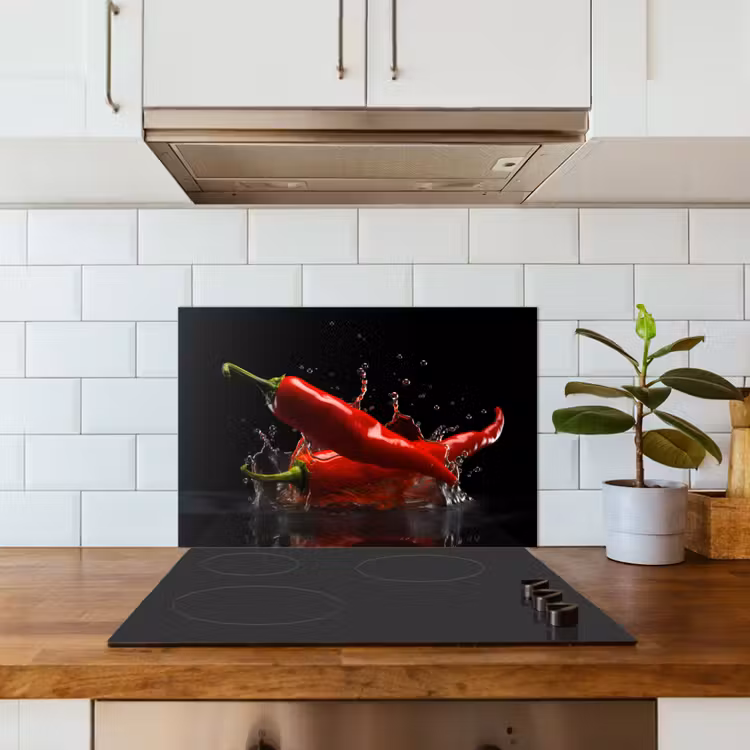 Peper - Rood - Zwart - Water - Groente keuken achterwand spatscherm klein -sfeer2