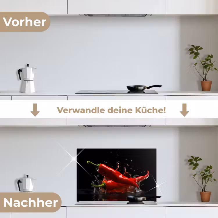 Peper - Rood - Zwart - Water - Groente keuken achterwand spatscherm klein -voor_na_DE
