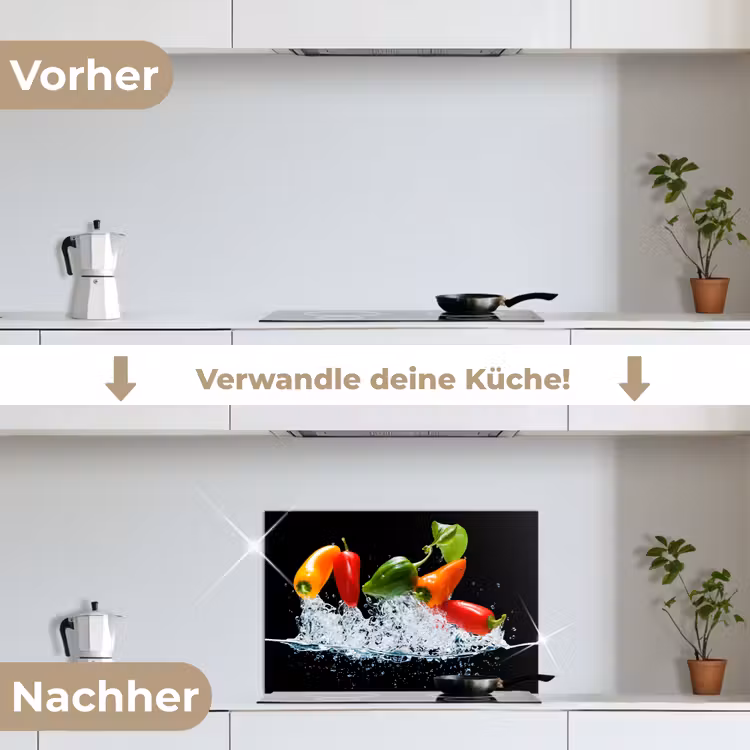Pepers - Zwart - Groenten - Water - Blad keuken achterwand spatscherm klein -voor_na_DE