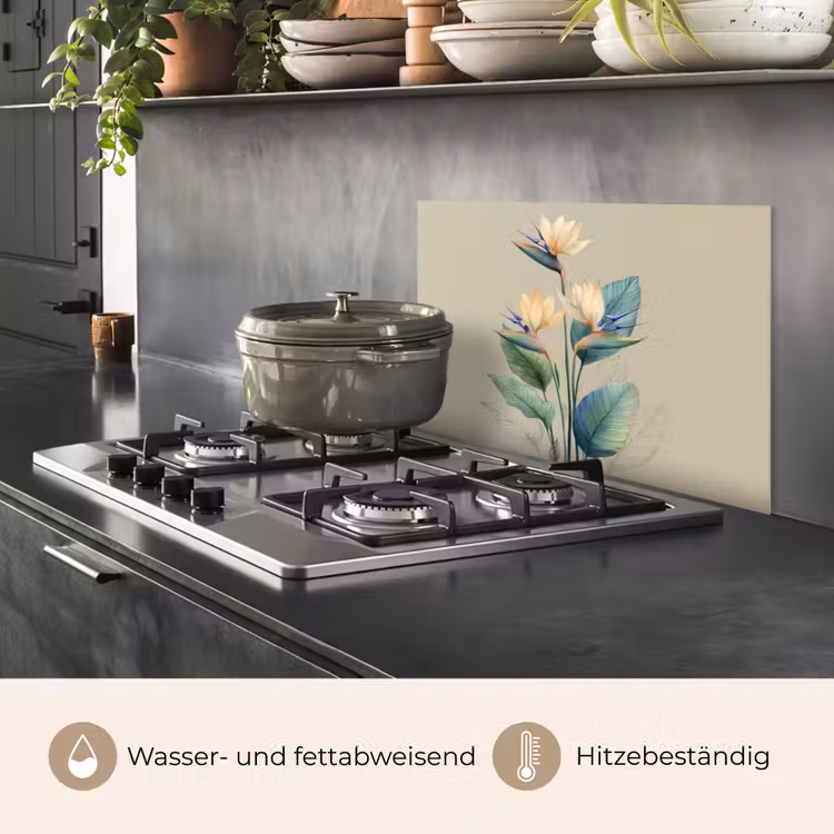 Paradijsvogelbloemen - Blauwgroene bladeren - Beige keuken achterwand spatscherm klein -usp_DE