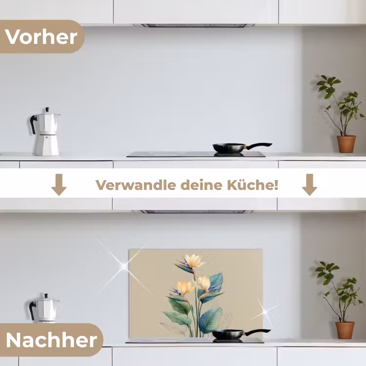 Paradijsvogelbloemen - Blauwgroene bladeren - Beige keuken achterwand spatscherm klein -voor_na_DE