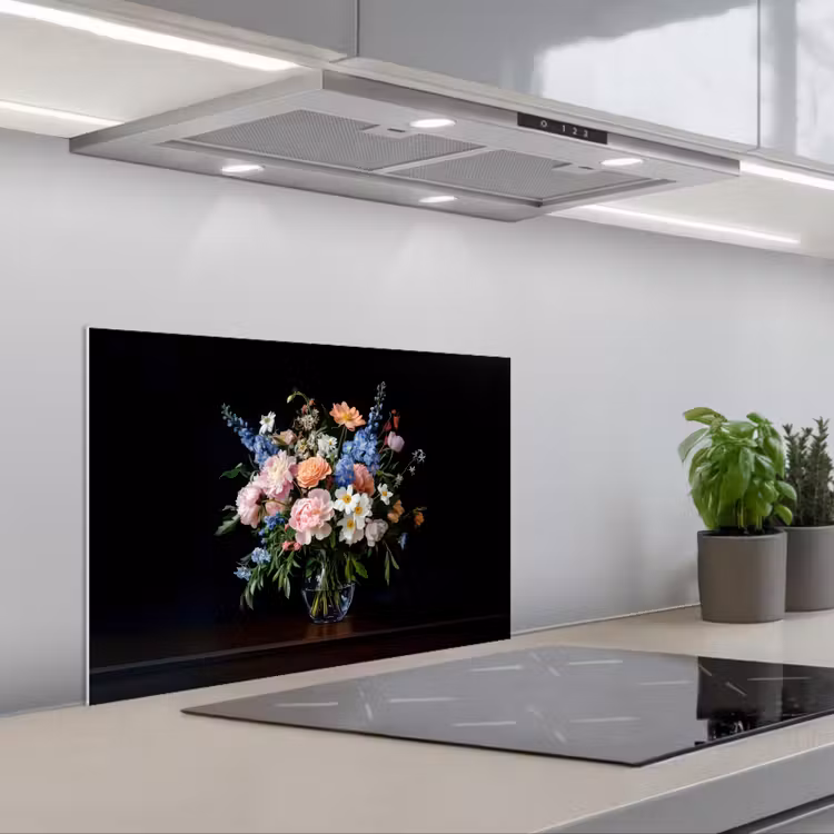 Pastel - Bloemen - Glazen - Vaas keuken achterwand spatscherm klein -3d_schuin