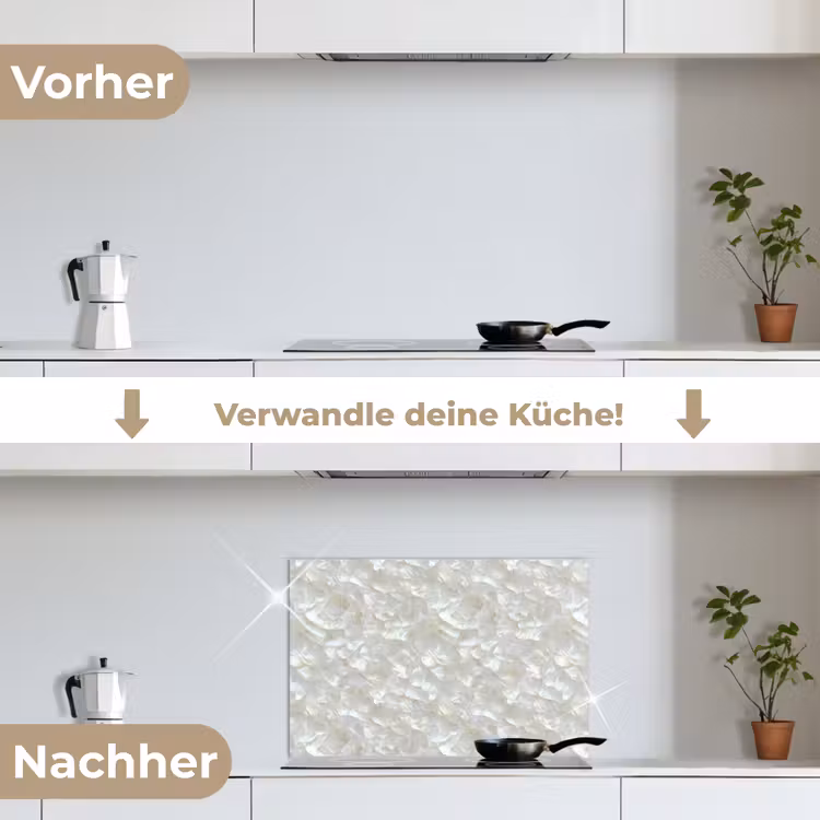 Parelmoerglans - Wit - Schelp keuken achterwand spatscherm klein 900 -voor_na_DE