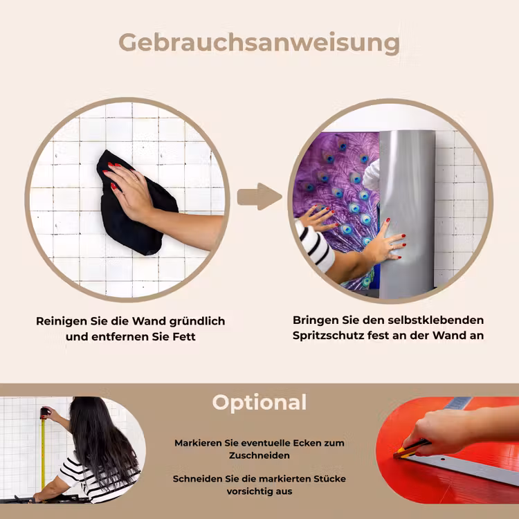 Pauw - Koksmuts - Cool - Paars keuken achterwand spatscherm klein -gebruiksaanwijzing_DE