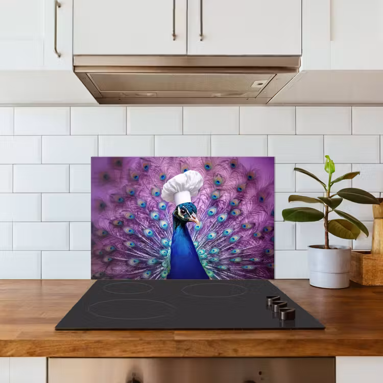 Pauw - Koksmuts - Cool - Paars keuken achterwand spatscherm klein -sfeer2