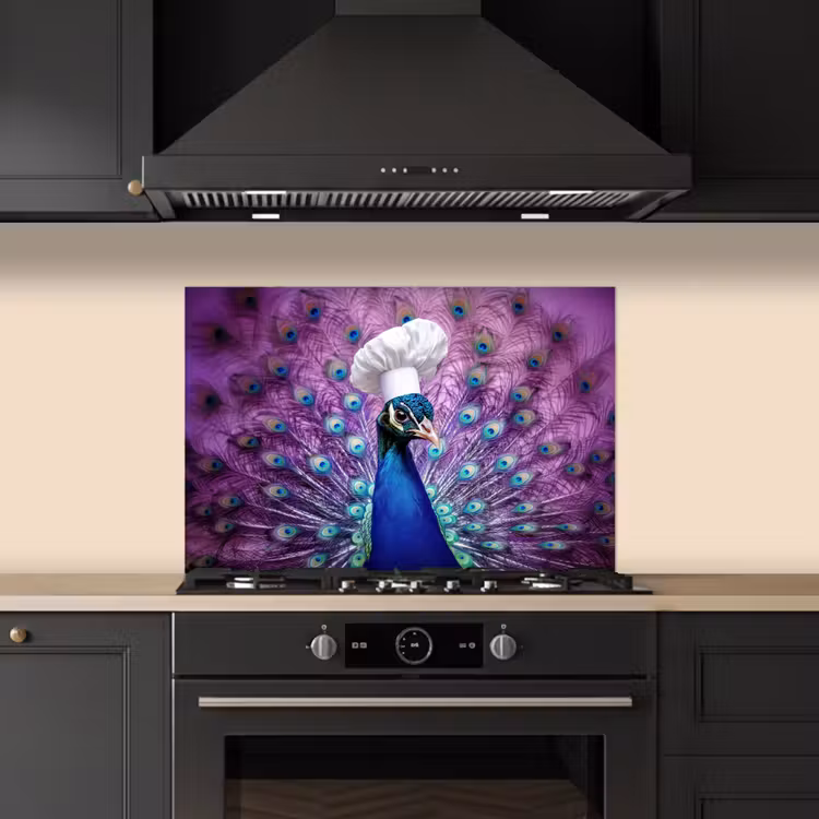 Pauw - Koksmuts - Cool - Paars keuken achterwand spatscherm klein -sfeer1