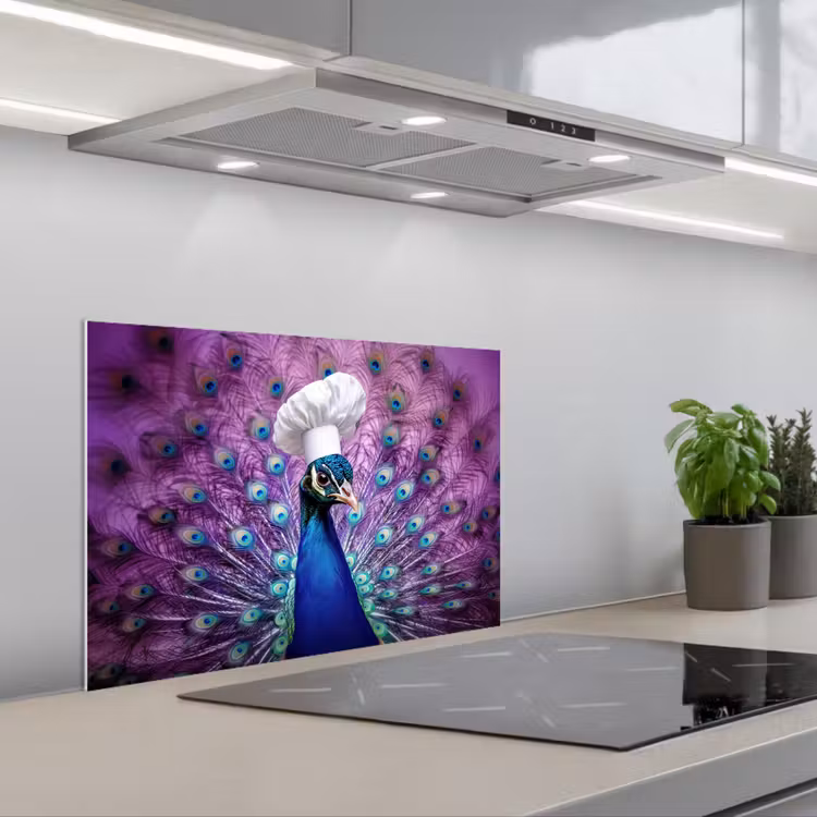 Pauw - Koksmuts - Cool - Paars keuken achterwand spatscherm klein -3d_schuin