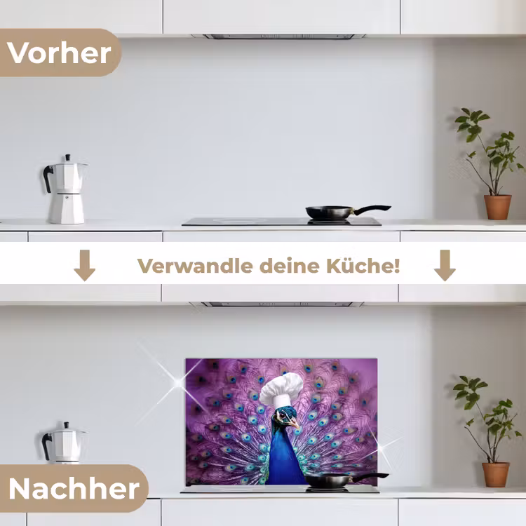 Pauw - Koksmuts - Cool - Paars keuken achterwand spatscherm klein -voor_na_DE