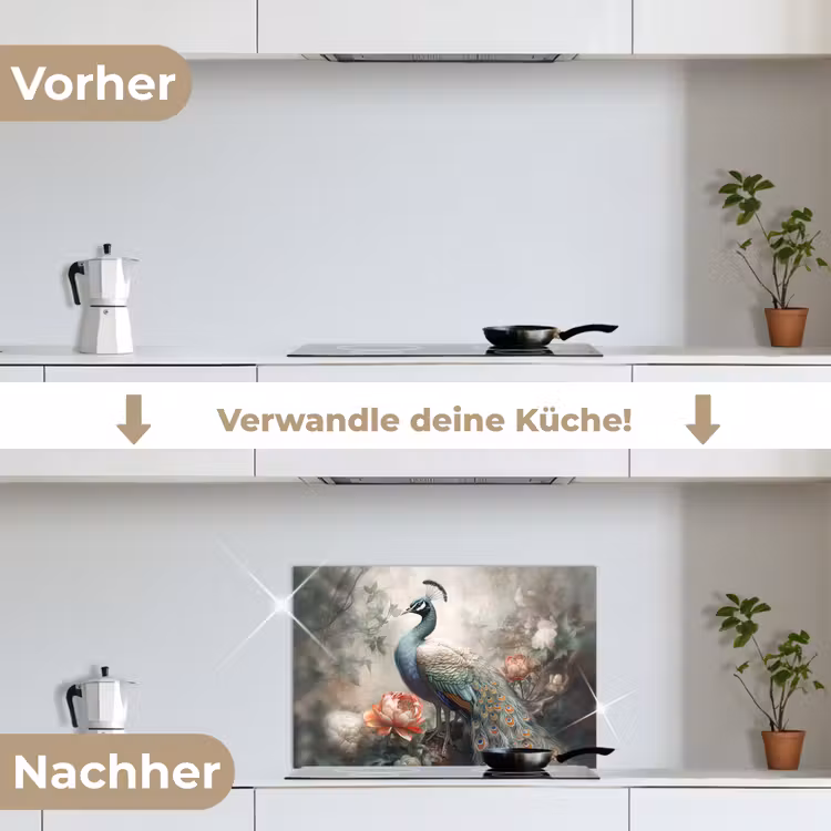 Pauw - Pauwenveren - Vogel - Jungle - Bloemen keuken achterwand spatscherm klein -voor_na_DE