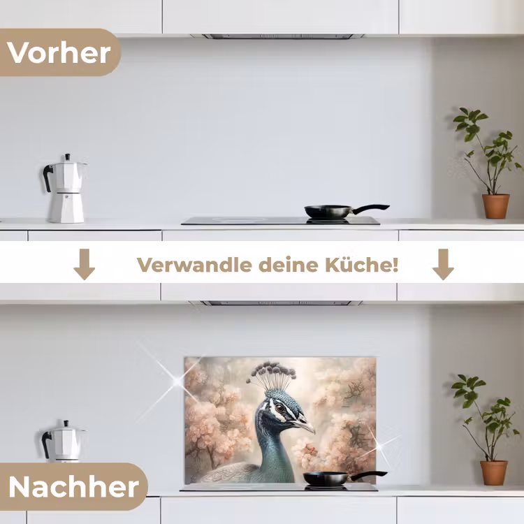 Pauw - Vogels - Bloemen - Boom - Botanisch keuken achterwand spatscherm klein -voor_na_DE
