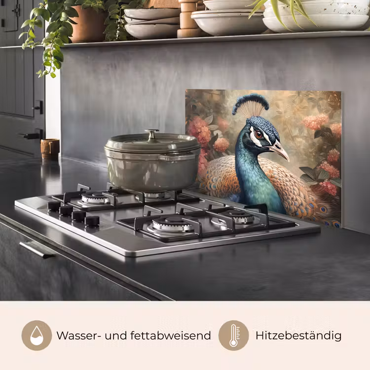 Pauw - Vogel - Bloemen - Planten - Pauwenveren keuken achterwand spatscherm klein -usp_DE