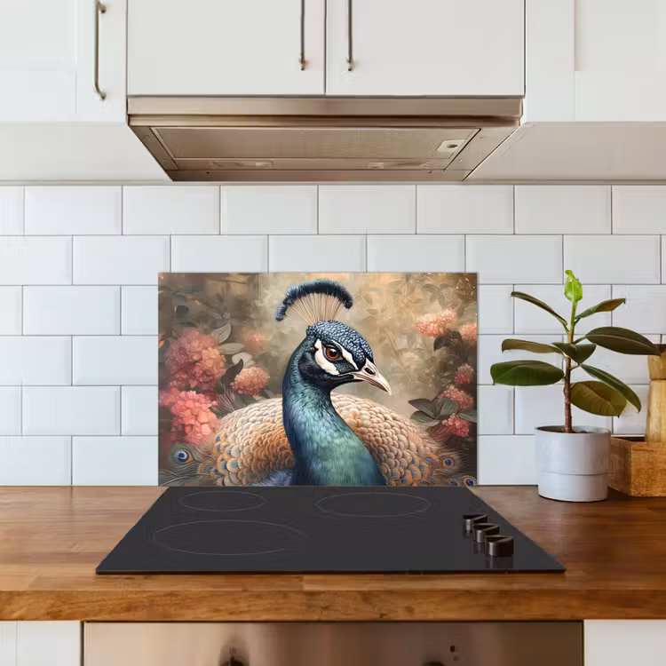 Pauw - Vogel - Bloemen - Planten - Pauwenveren keuken achterwand spatscherm klein -sfeer2