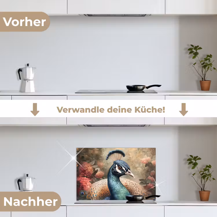 Pauw - Vogel - Bloemen - Planten - Pauwenveren keuken achterwand spatscherm klein -voor_na_DE