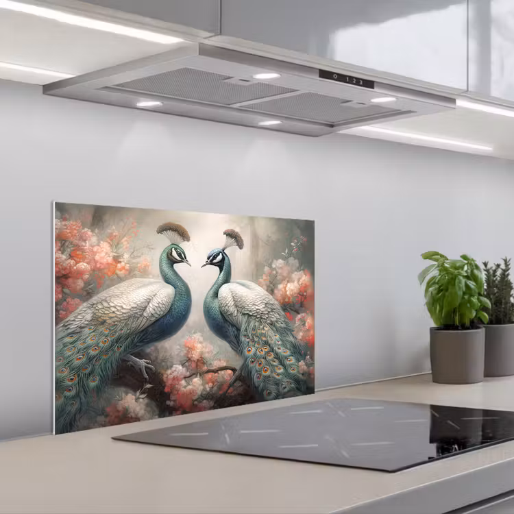 Pauwen - Pauwenveren - Vogels - Bloemen - Natuur keuken achterwand spatscherm klein -3d_schuin