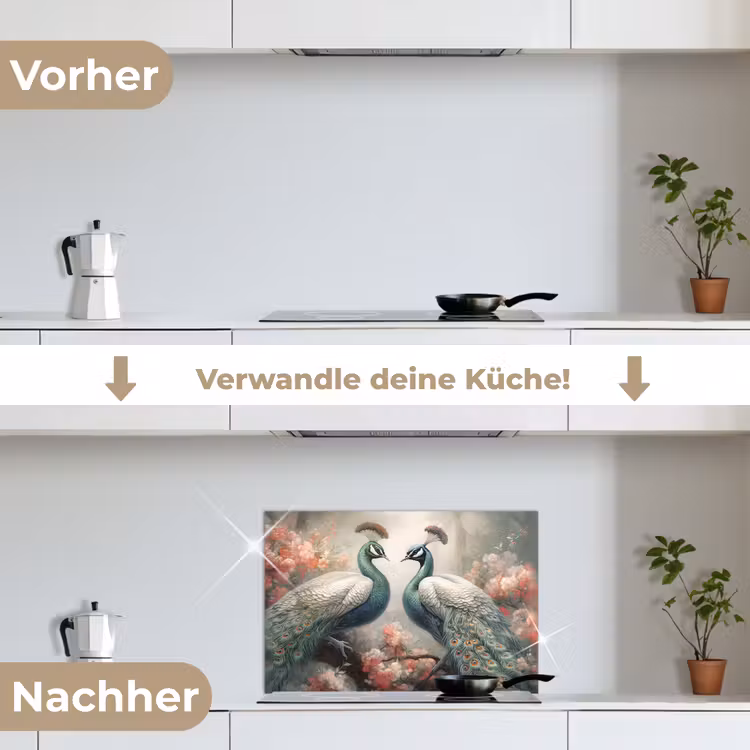 Pauwen - Pauwenveren - Vogels - Bloemen - Natuur keuken achterwand spatscherm klein -voor_na_DE