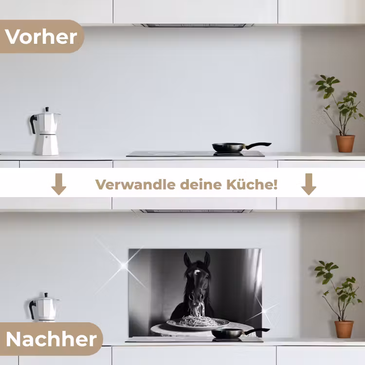 Paard - Bord - Pasta - Tafelkleed - Zwart Wit - Dieren keuken achterwand spatscherm klein -voor_na_DE