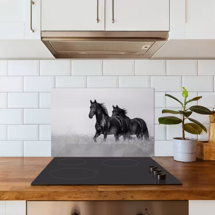 Paarden - Gras - Zwart - Wit keuken achterwand spatscherm klein -sfeer2