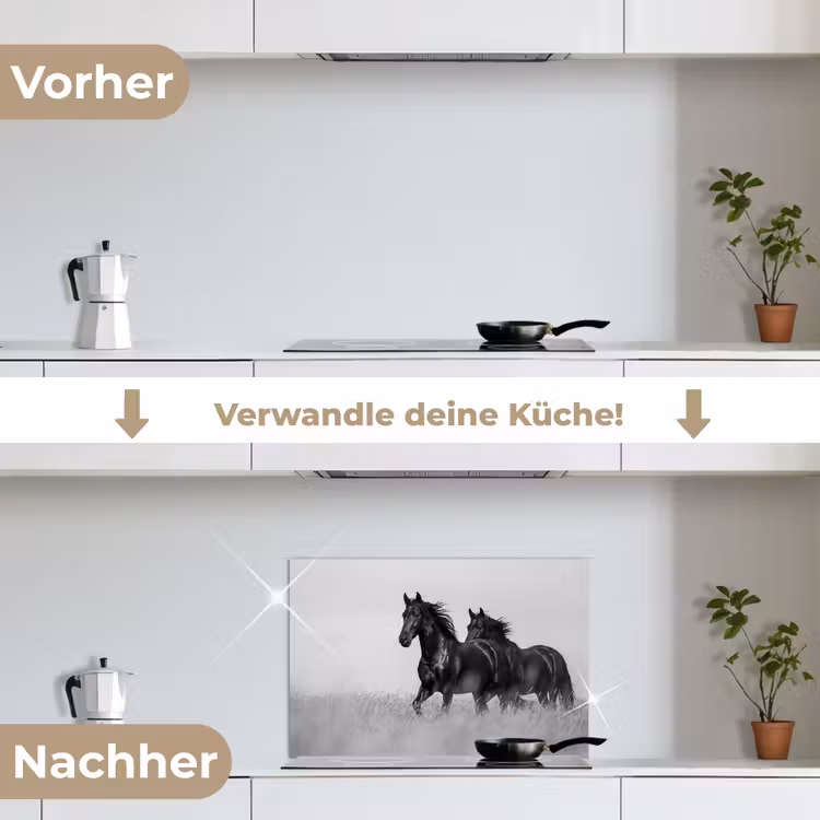 Paarden - Gras - Zwart - Wit keuken achterwand spatscherm klein -voor_na_DE