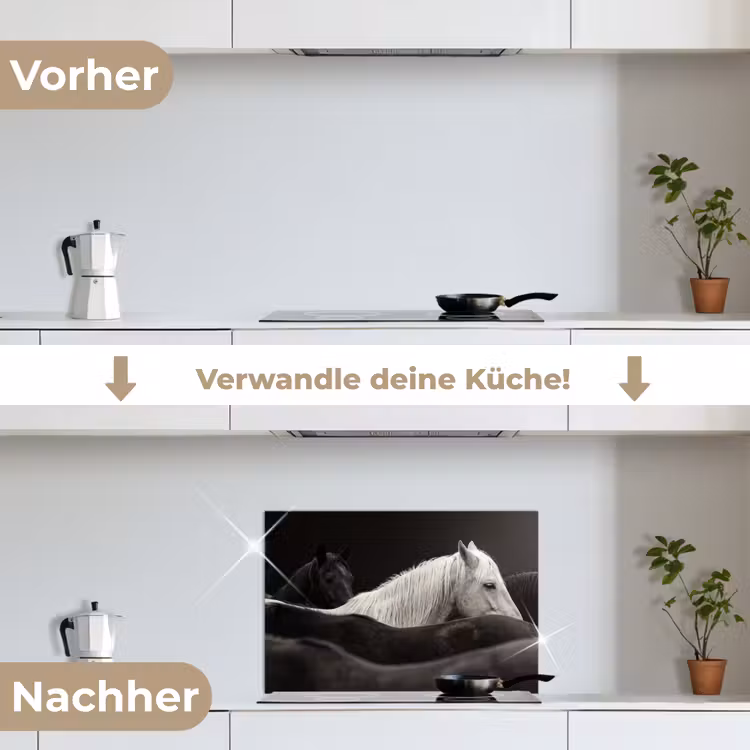 Paarden - Zwart - Wit - Kudde keuken achterwand spatscherm klein -voor_na_DE