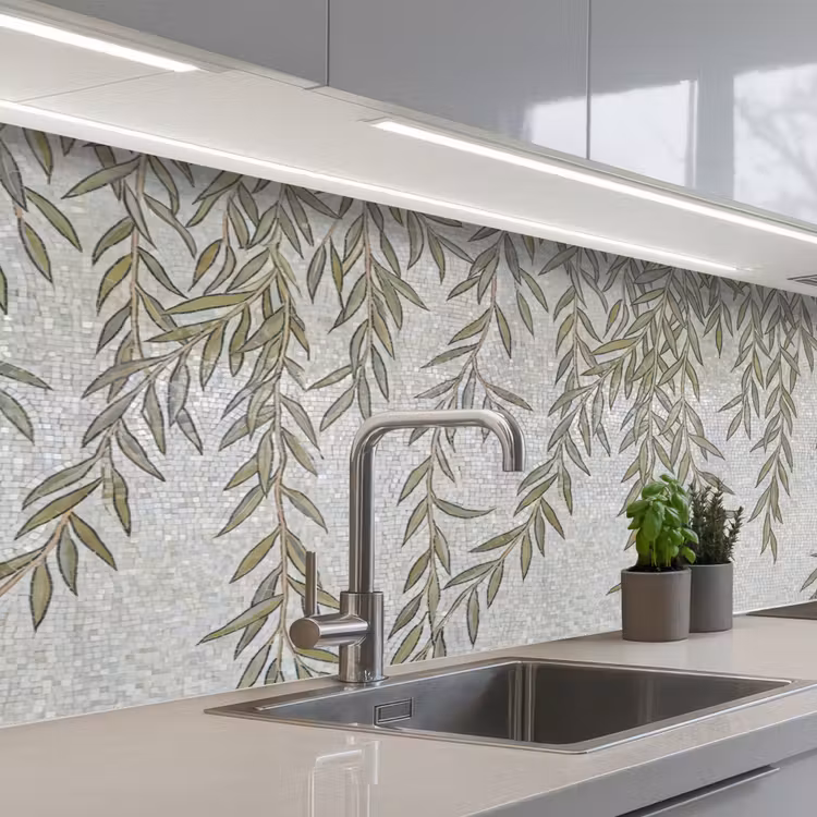 Planten - Mozaïek - Patroon - Groen - Blauw keuken achterwand 2 middel -3d_schuin