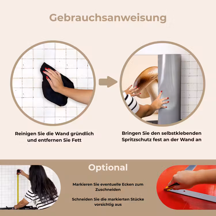 Champignons - Zacht - Beige keuken achterwand spatscherm klein -gebruiksaanwijzing_DE