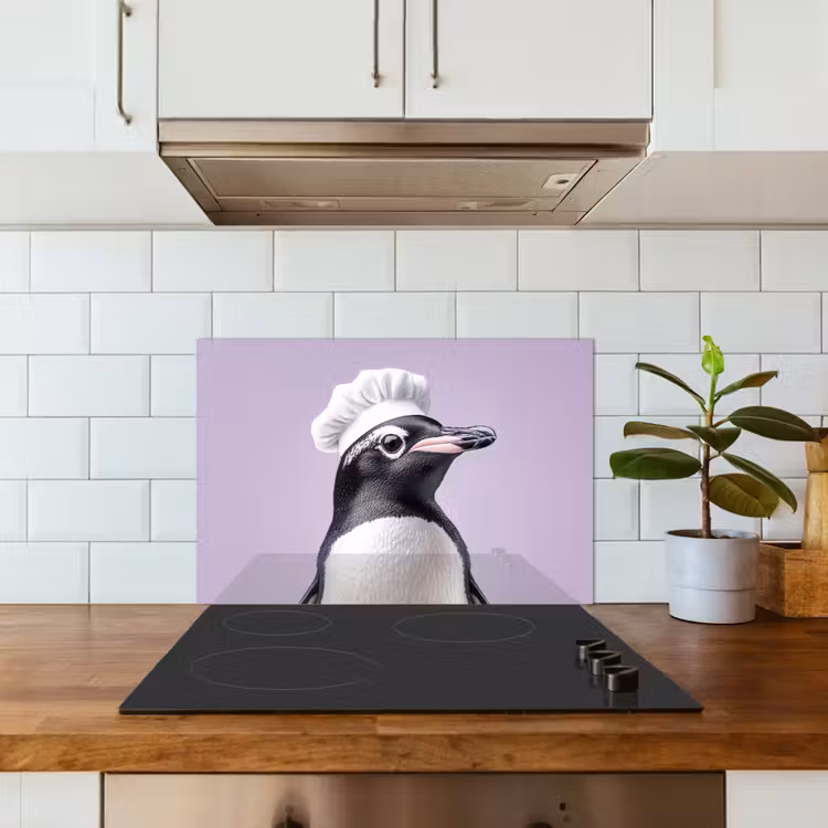 Pinguïn - Koksmuts - Lief - Paars keuken achterwand spatscherm klein -sfeer2