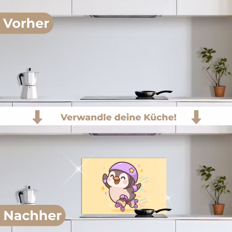 Pinguïn - Rolschaatsen - Geel - Energiek keuken achterwand spatscherm klein -voor_na_DE