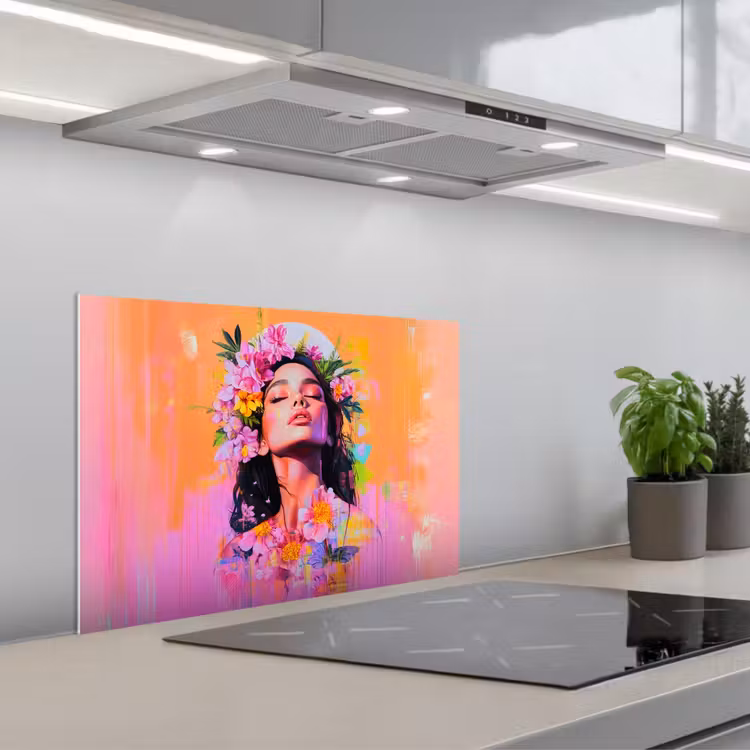 Portret - Bloemenkroon - Vrouw keuken achterwand spatscherm klein -3d_schuin