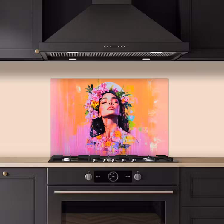 Portret - Bloemenkroon - Vrouw keuken achterwand spatscherm klein -sfeer1