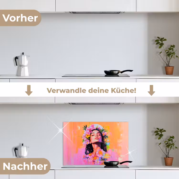 Portret - Bloemenkroon - Vrouw keuken achterwand spatscherm klein -voor_na_DE