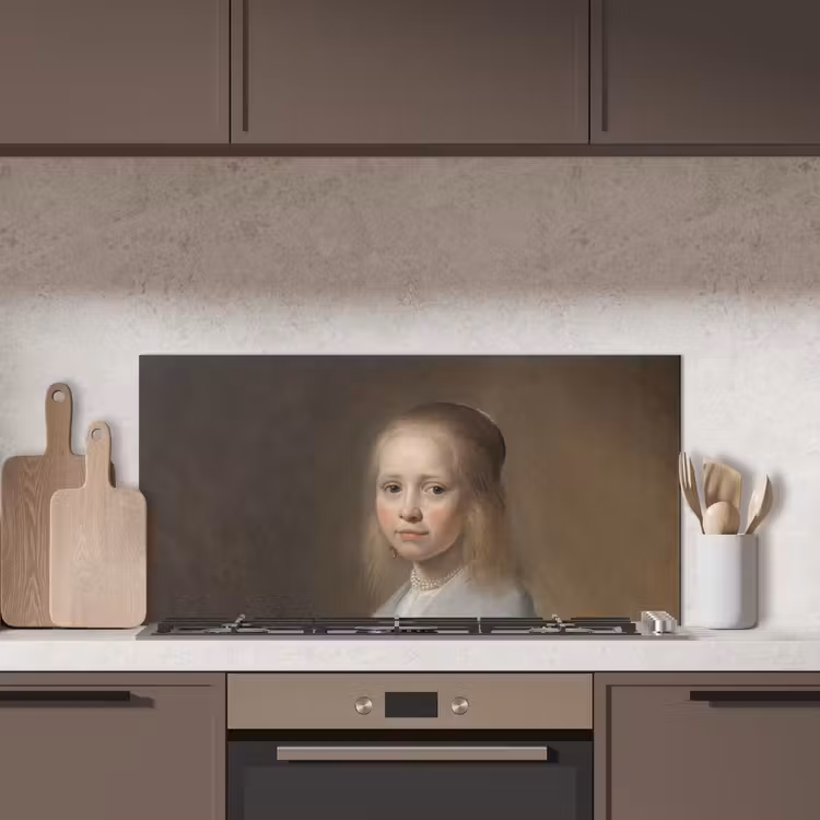Portret van een meisje in het blauw - Schilderij van Johannes Cornelisz. Verspronck keuken achterwand spatscherm middel -sfeer2