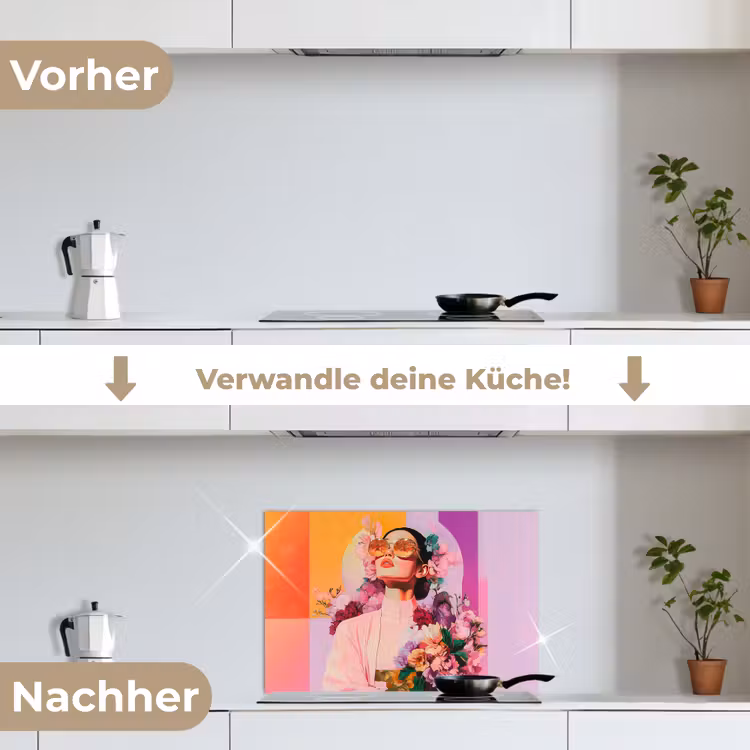 Portret - Vrouw - Abstract - Bloemen keuken achterwand spatscherm klein -voor_na_DE