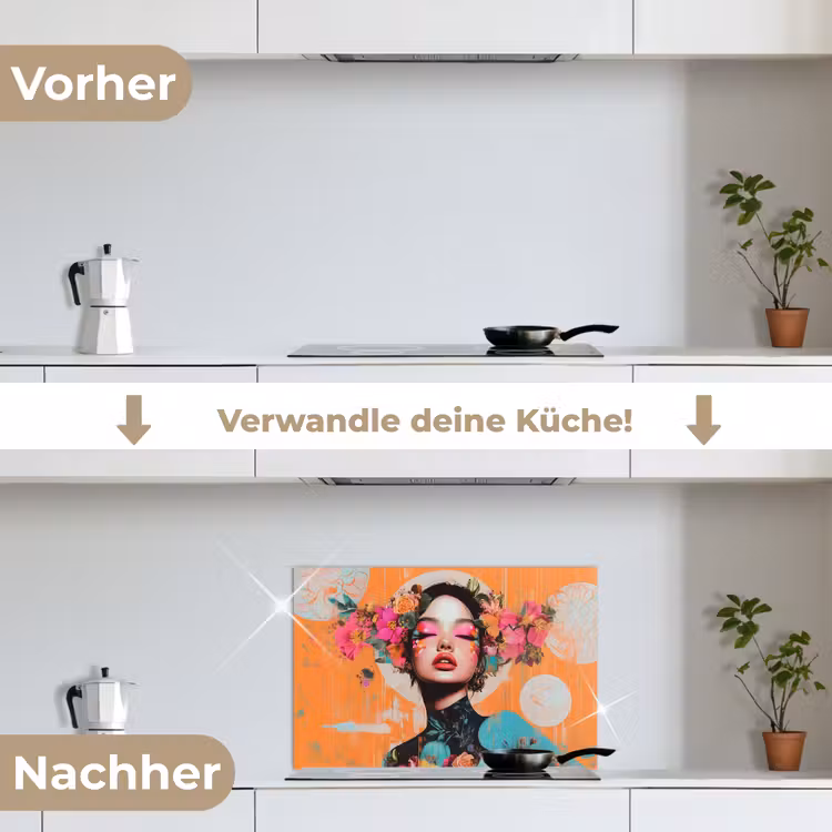 Portret - Vrouw - Abstract - Bloemen keuken achterwand spatscherm klein -voor_na_DE