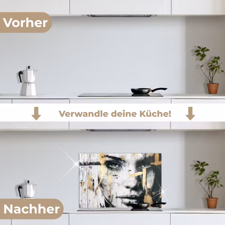 Portret - Vrouw - Penseelstreken - Goud keuken achterwand spatscherm klein -voor_na_DE