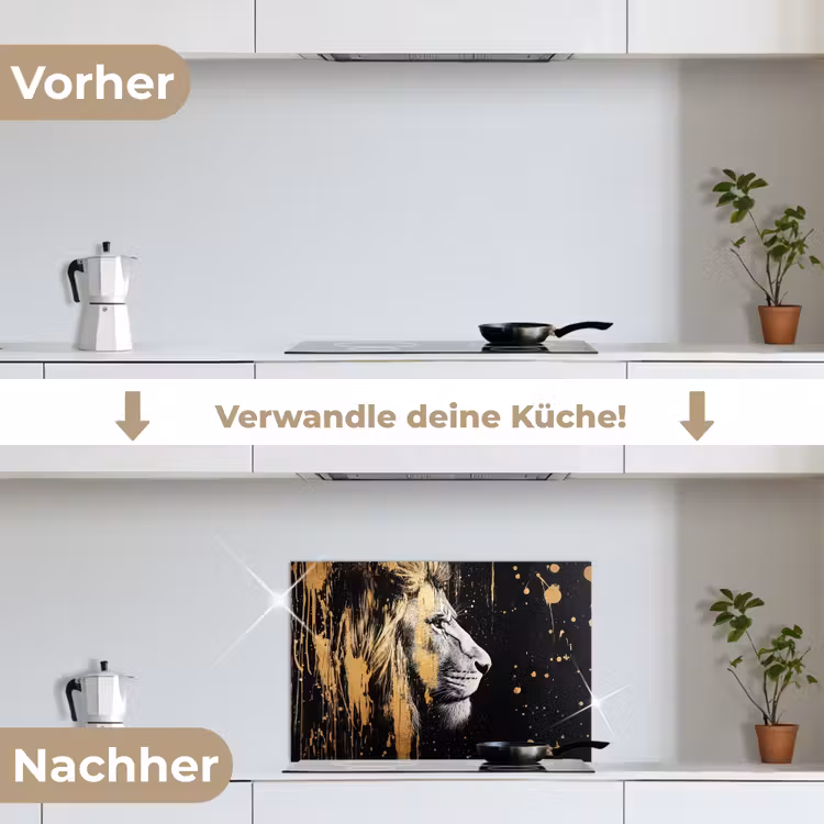 Portret - Leeuw - Abstract - Goud keuken achterwand spatscherm klein -voor_na_DE