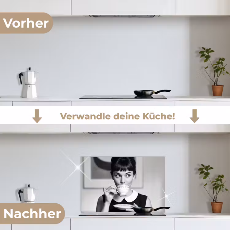 Portret - Thee - Vrouw keuken achterwand spatscherm klein -voor_na_DE
