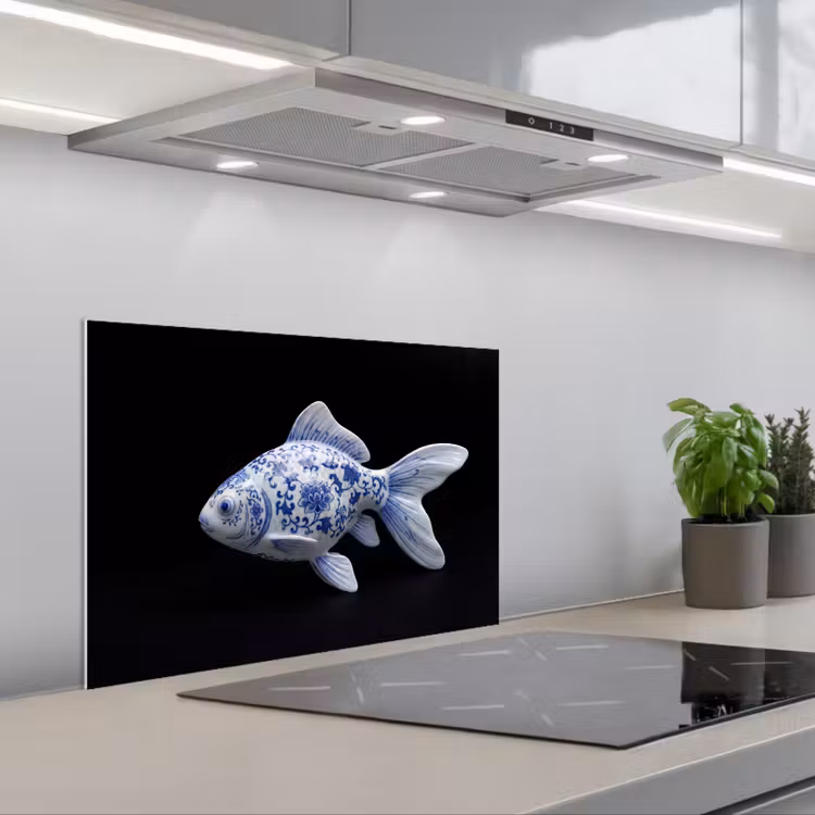 Porselein - Goudvis - Delfts - Blauw keuken achterwand spatscherm klein -3d_schuin