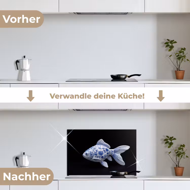 Porselein - Goudvis - Delfts - Blauw keuken achterwand spatscherm klein -voor_na_DE