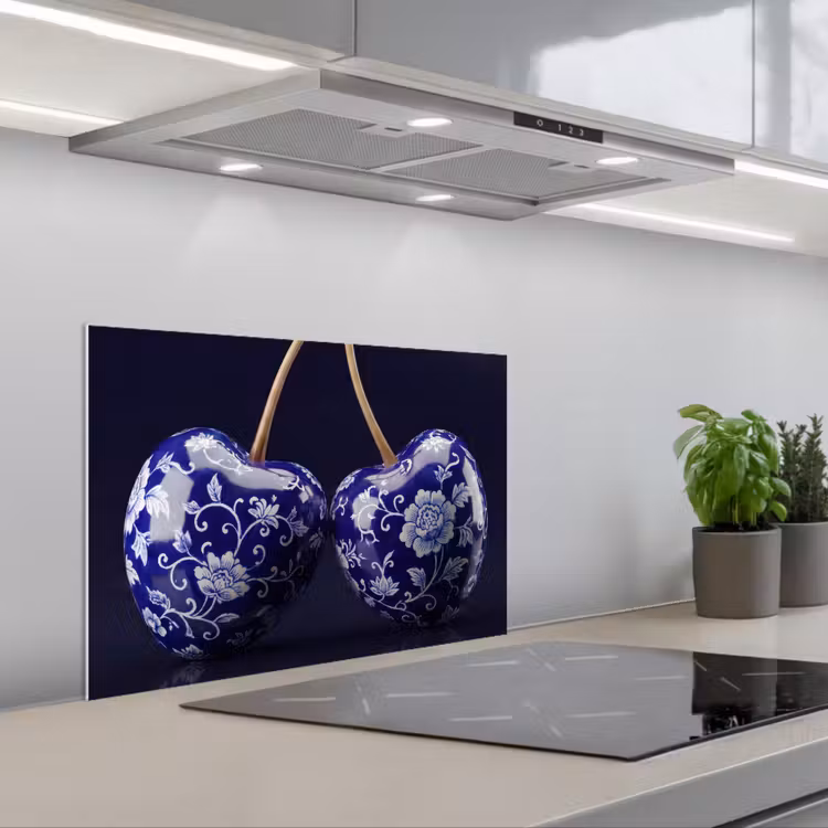 Porselein- Kersen - Delfts - Blauw keuken achterwand spatscherm klein -3d_schuin