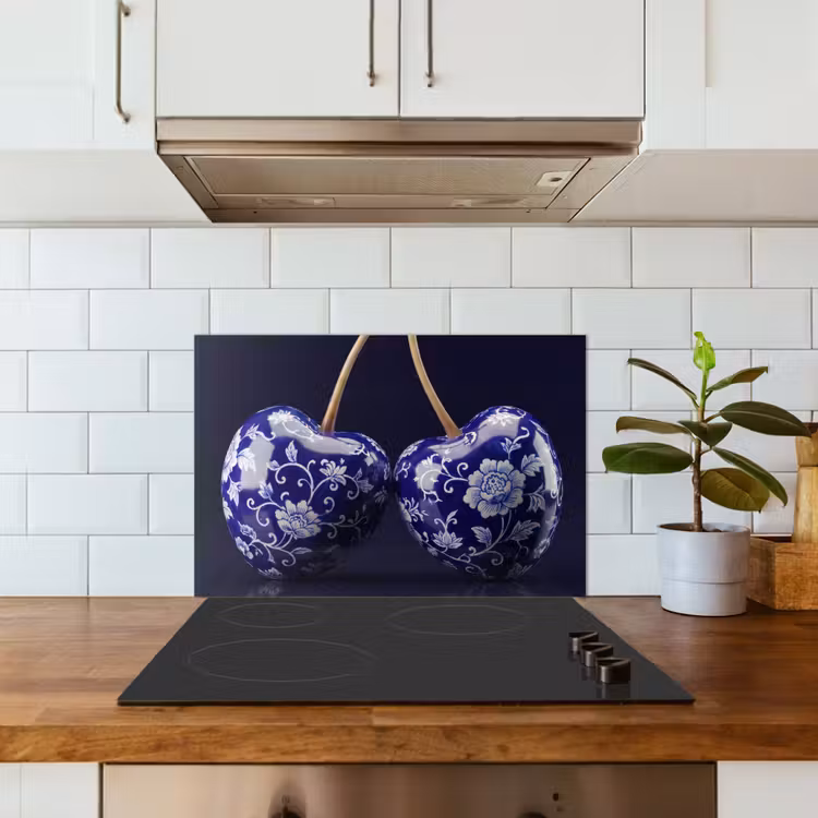 Porselein- Kersen - Delfts - Blauw keuken achterwand spatscherm klein -sfeer2
