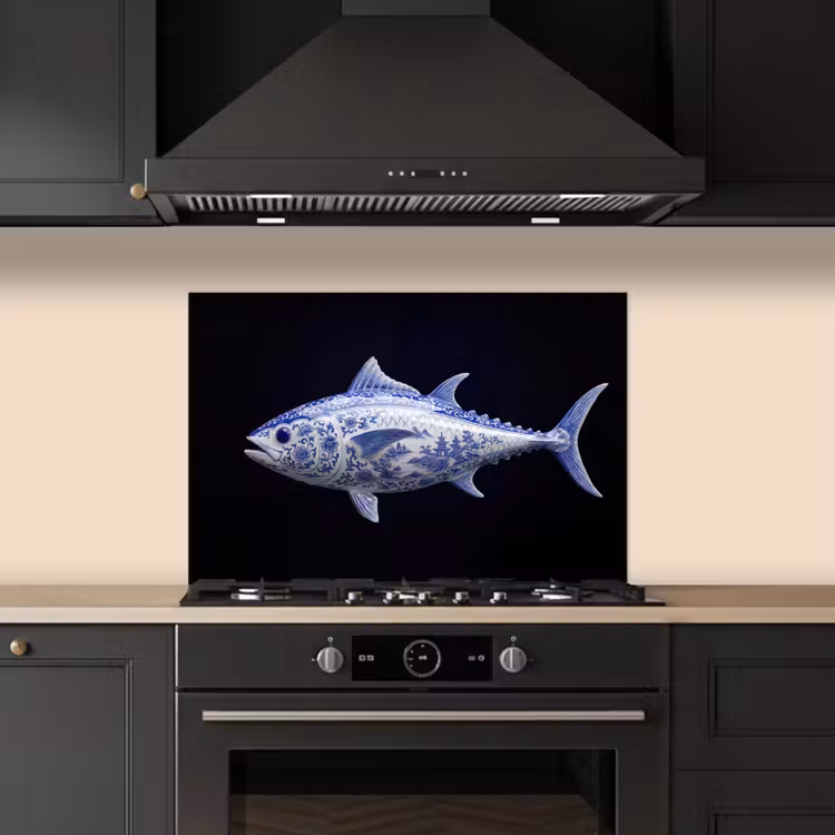 Porselein - Tonijn - Delfts - Blauw keuken achterwand spatscherm klein -sfeer1