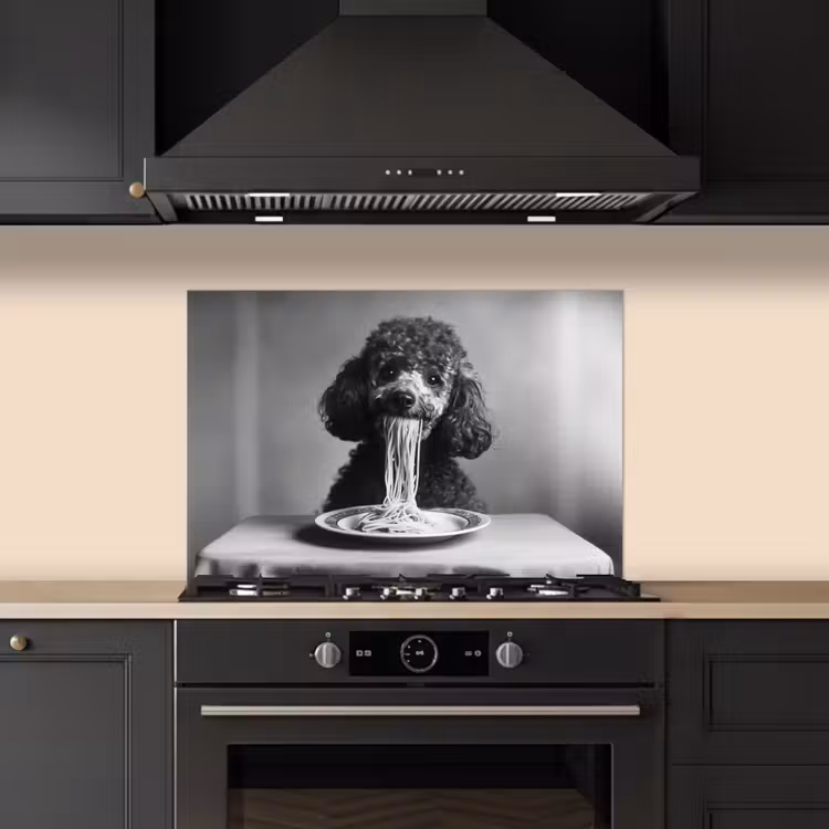 Poedel - Hond - Zwart - Wit - Schattig - Pasta keuken achterwand spatscherm klein -sfeer1