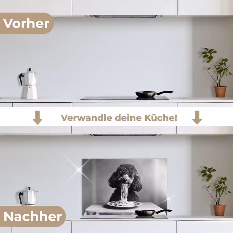 Poedel - Hond - Zwart - Wit - Schattig - Pasta keuken achterwand spatscherm klein -voor_na_DE