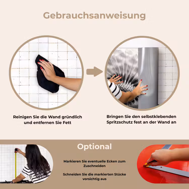 Paardenbloem - Zwart - Wit keuken achterwand spatscherm klein -gebruiksaanwijzing_DE