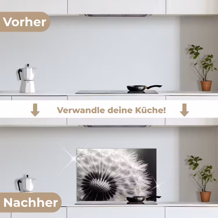 Paardenbloem - Zwart - Wit keuken achterwand spatscherm klein -voor_na_DE