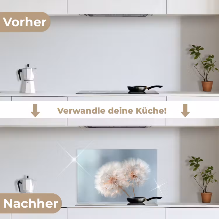 Paardenbloemen - Pluisjes - Wit keuken achterwand spatscherm klein -voor_na_DE