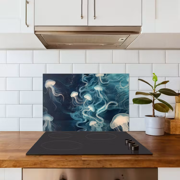 Kwallen - Zee - Wit - Golven keuken achterwand spatscherm klein -sfeer2