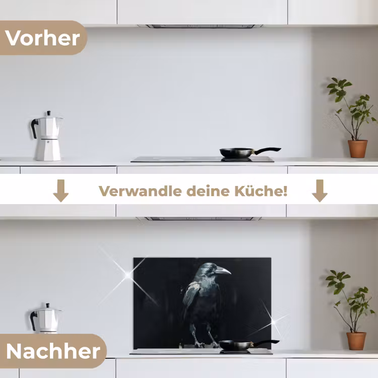 Raaf - Vogels - Zwart keuken achterwand spatscherm klein -voor_na_DE